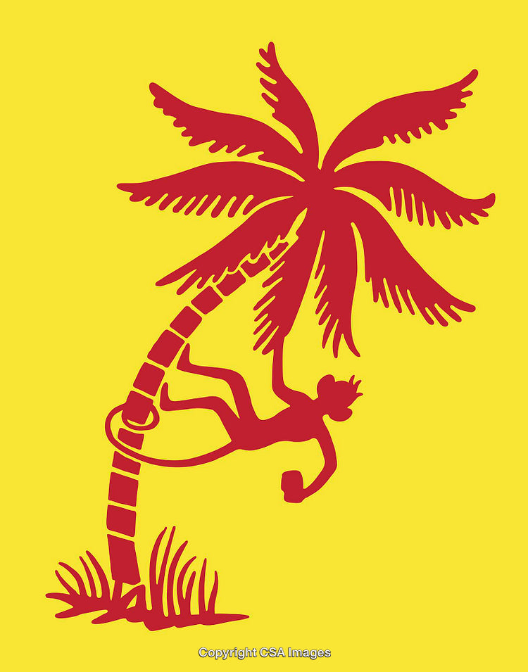 Colorful Line Art with Monkey and Palm Tree on Yellow Background