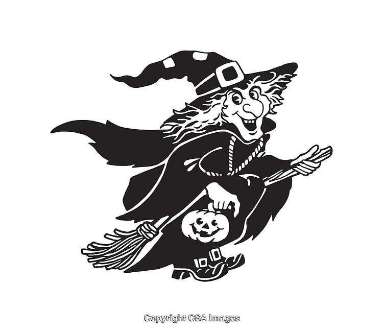 Halloween Witch on Broomstick Carrying Pumpkin Bag in Line Art Design