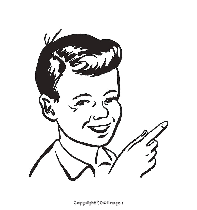 Vintage Black and White Line Drawing of a Happy Boy Pointing