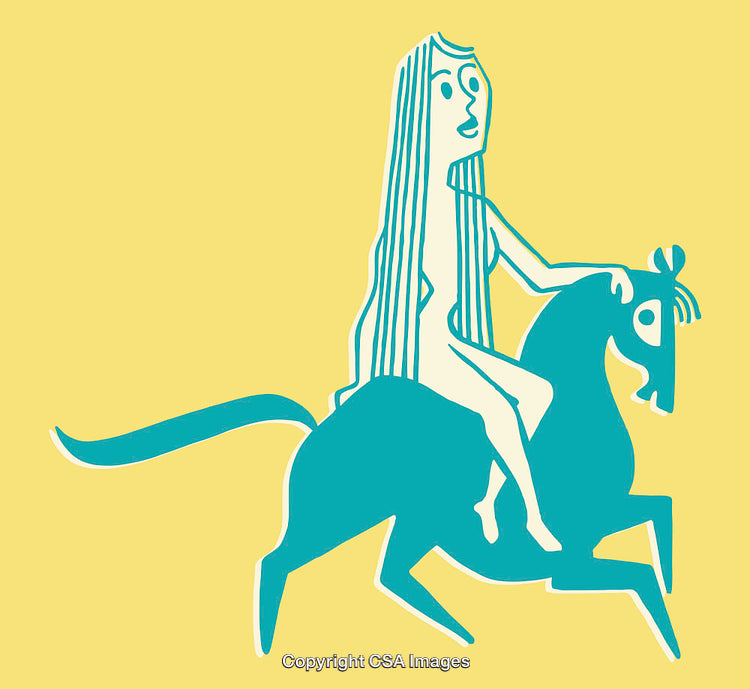 Minimalist Line Art of a Woman Horseback Riding on Yellow Background