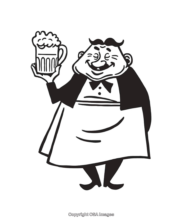 Cartoon Waiter Holding a Cheerful Beer Mug in Black and White Illustration