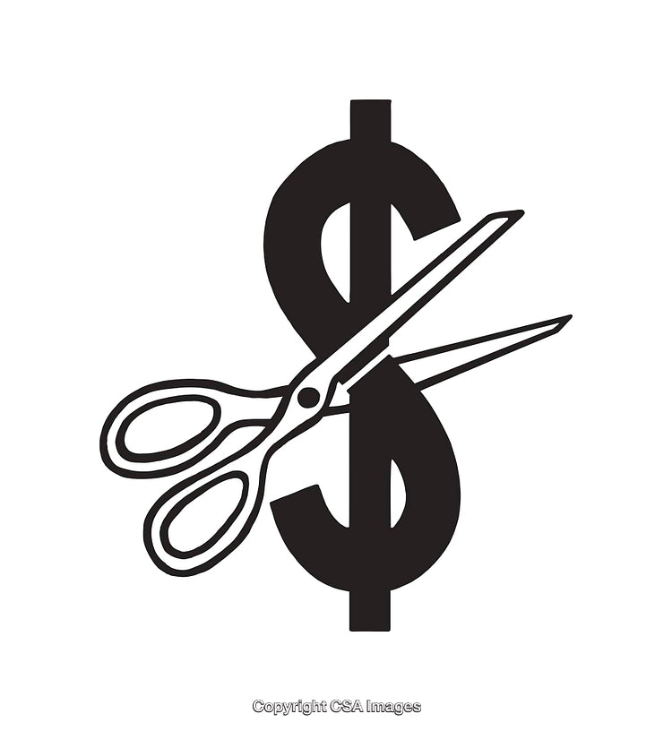 Black and White Scissors Cutting Through a Dollar Sign Illustration
