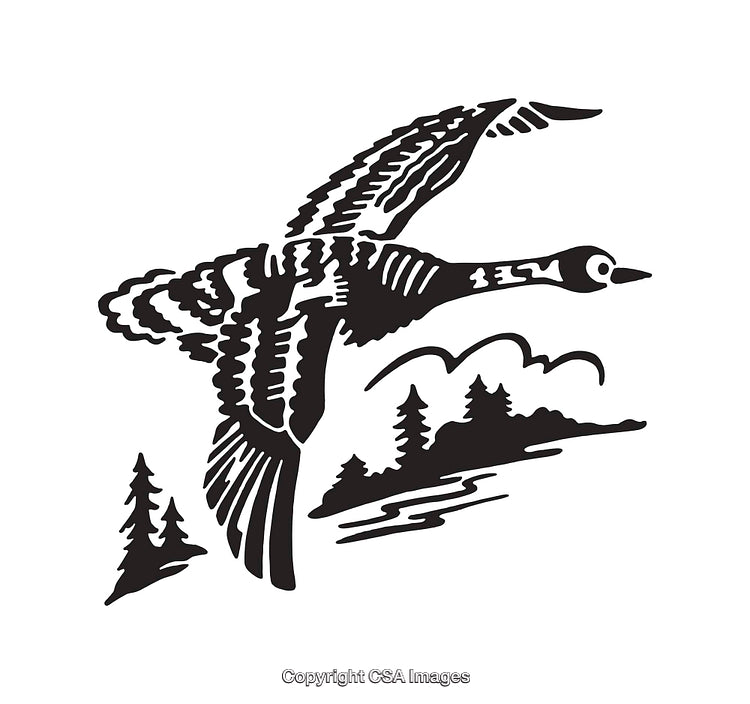 Black And White Line Art Of Flying Goose Over Scenic Landscape