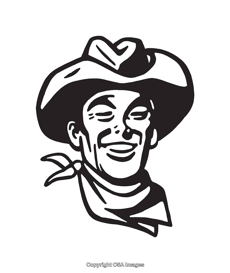 Black and White Line Art Illustration of a Smiling Cowboy