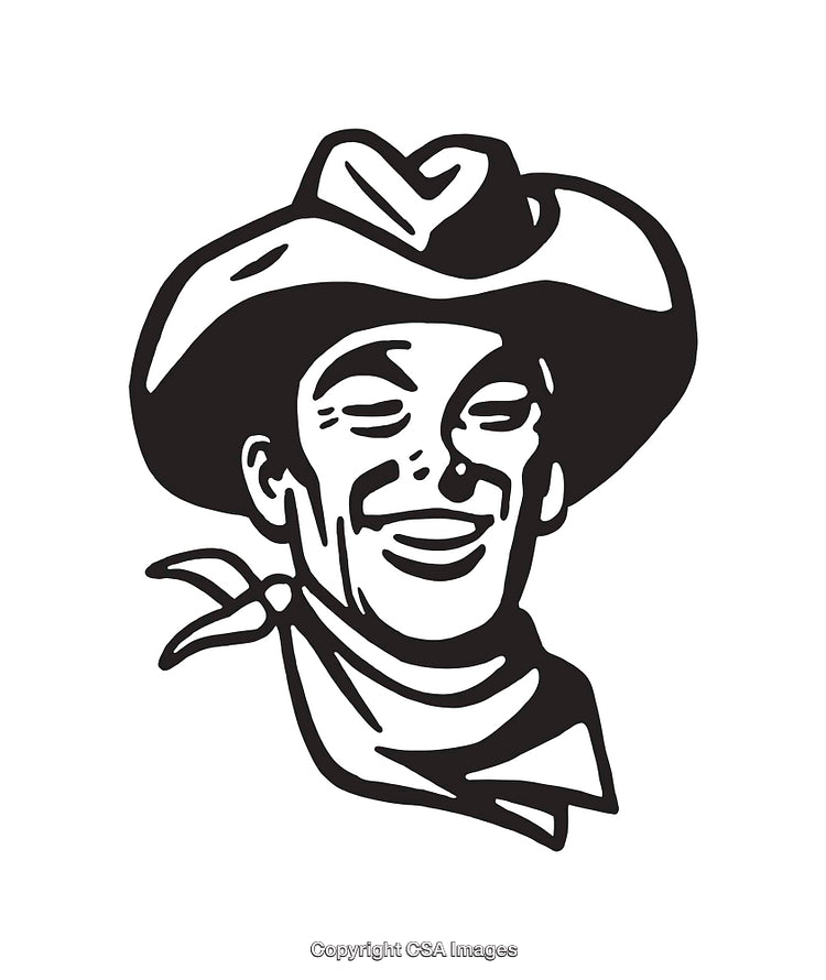 Black and White Line Art Illustration of a Smiling Cowboy