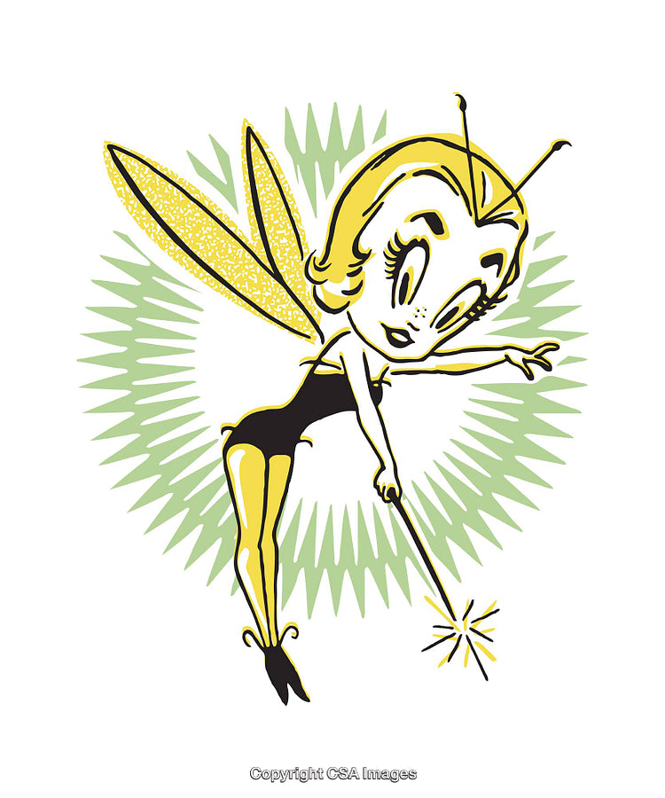 Vintage Fairy Illustration with Sparkling Wand and Decorative Background Elements