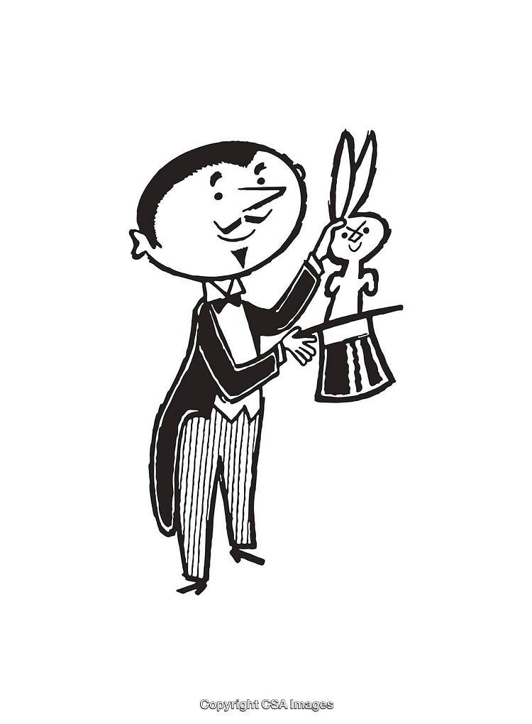 Black and White Line Art of a Magician Pulling a Rabbit From a Hat