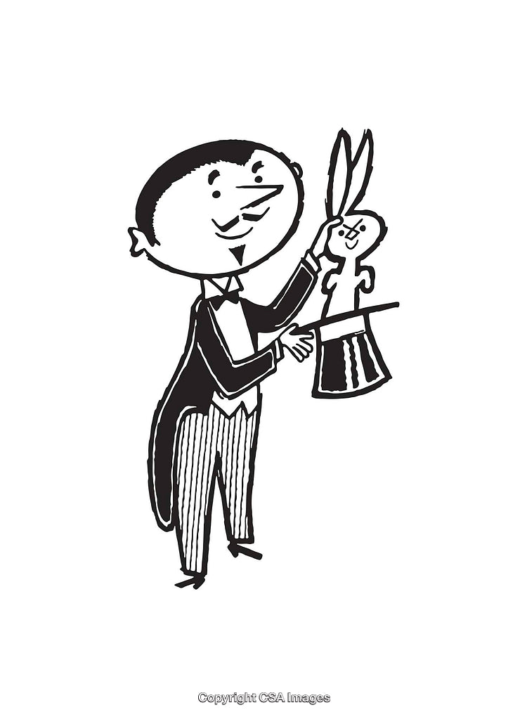 Black and White Line Art of a Magician Pulling a Rabbit From a Hat