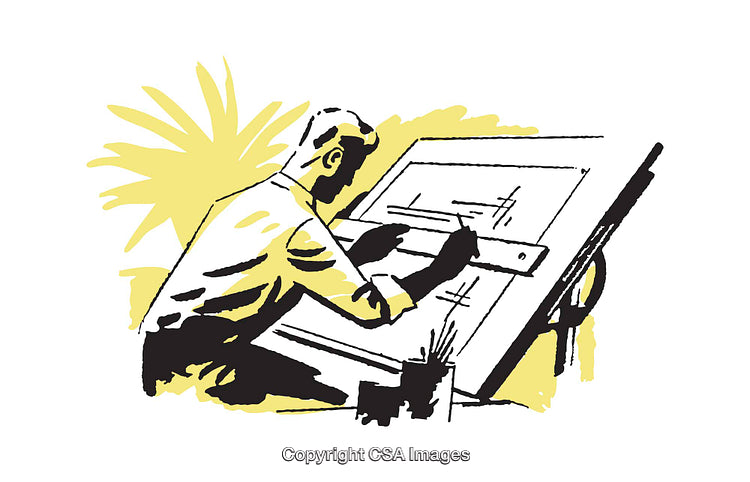 Illustration of a Person Drafting at an Architectural Drawing Table