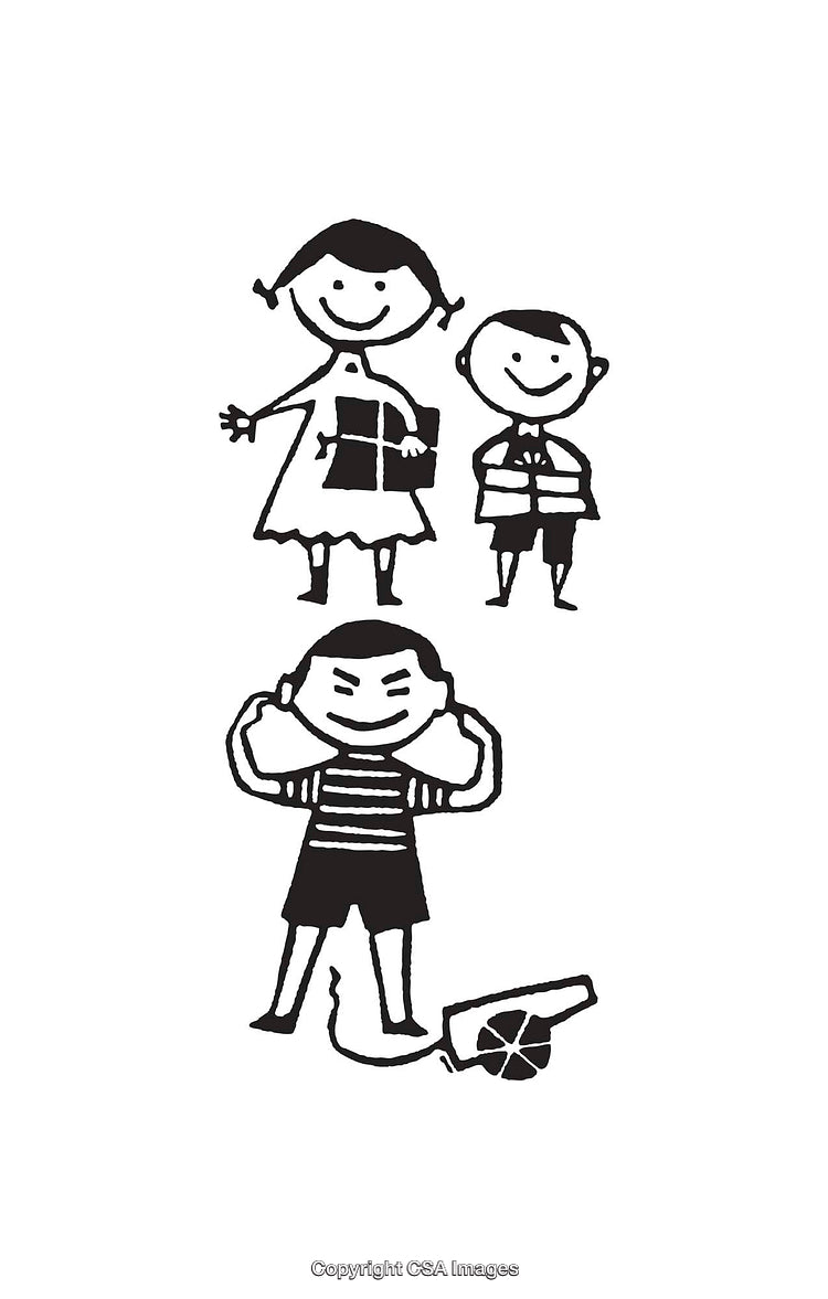 Black and White Line Art of Children in a Playful Setting
