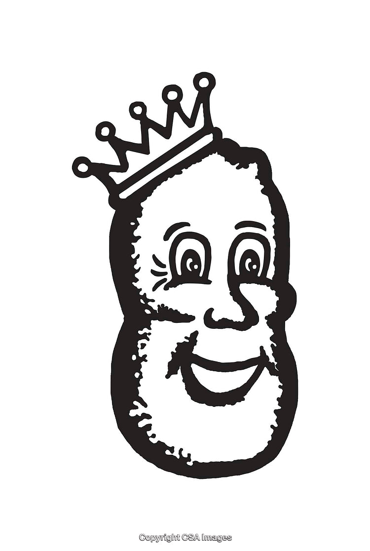 Cartoon Peanut Character With Crown in Black and White Line Art