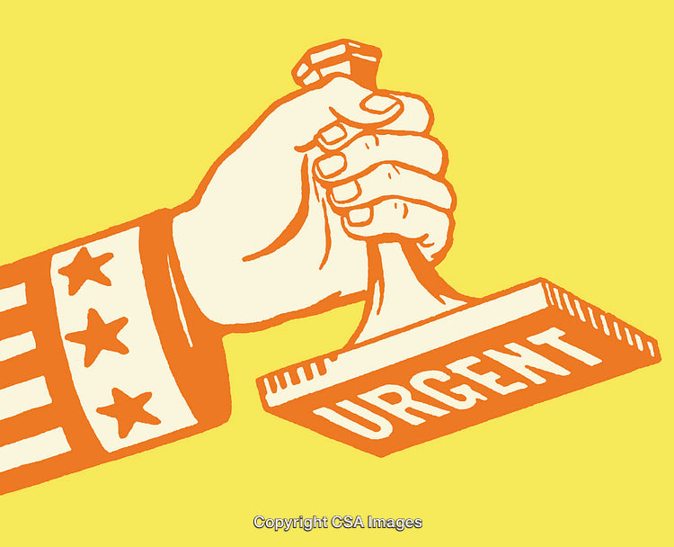 Illustration of a Hand Holding an Urgent Stamp Against Yellow Background