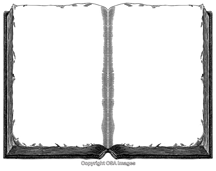 Detailed Black and White Engraving of an Open Blank Antique Book