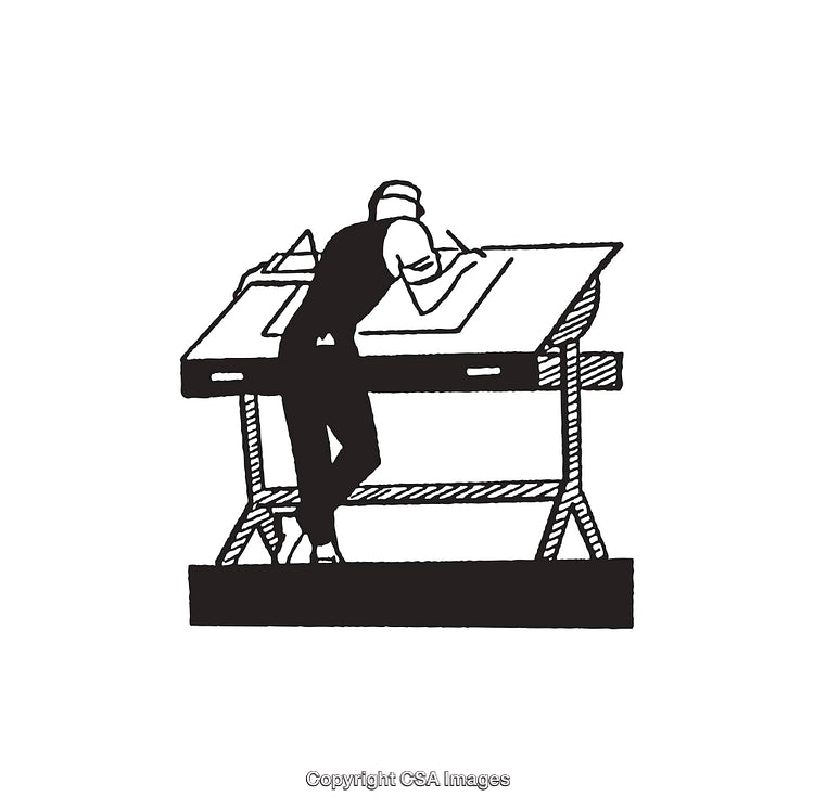 Illustrated Draftsman at Work Using Drawing Table in Black and White Style