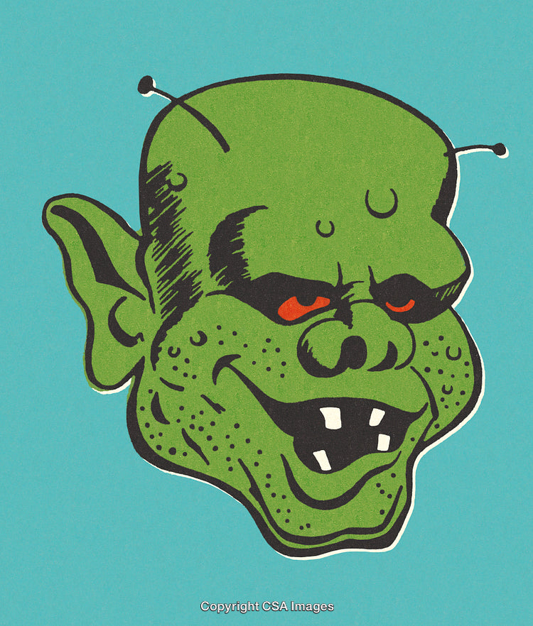 Retro Illustration of a Green Monster Head with a Mischievous Expression