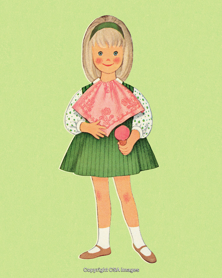 Retro Illustration of a Smiling Girl Holding an Ice Cream on Green Background