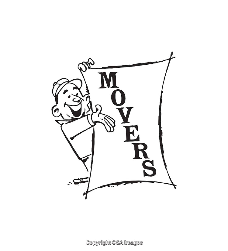 Vintage Line Art Illustration Featuring a Happy Mover Carrying a Banner