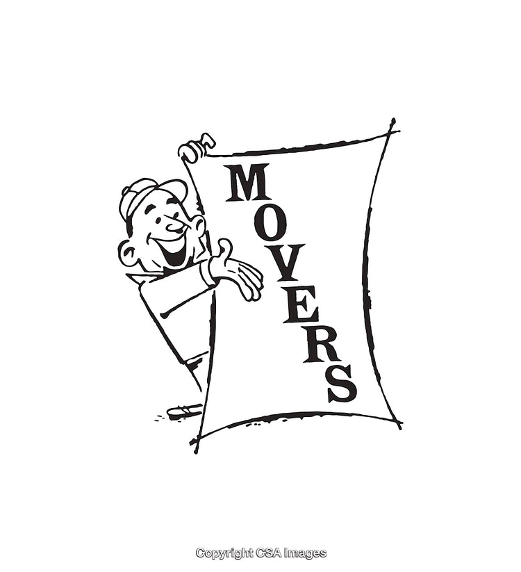 Vintage Line Art Illustration Featuring a Happy Mover Carrying a Banner