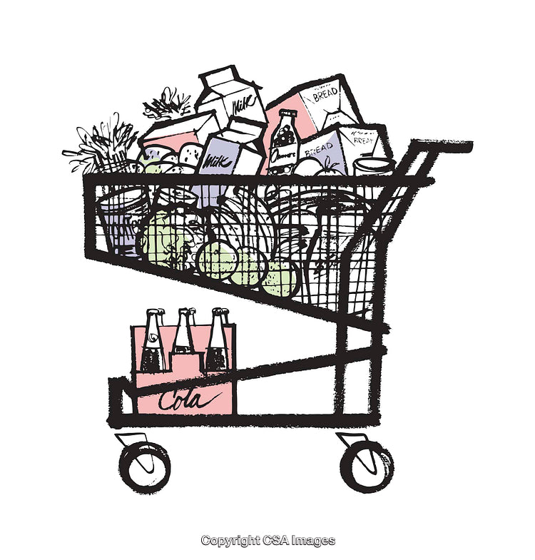 Illustration of a Shopping Cart Filled with Groceries and Beverages