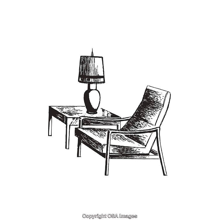 Black and White Illustration of Chair, Table, and Table Lamp