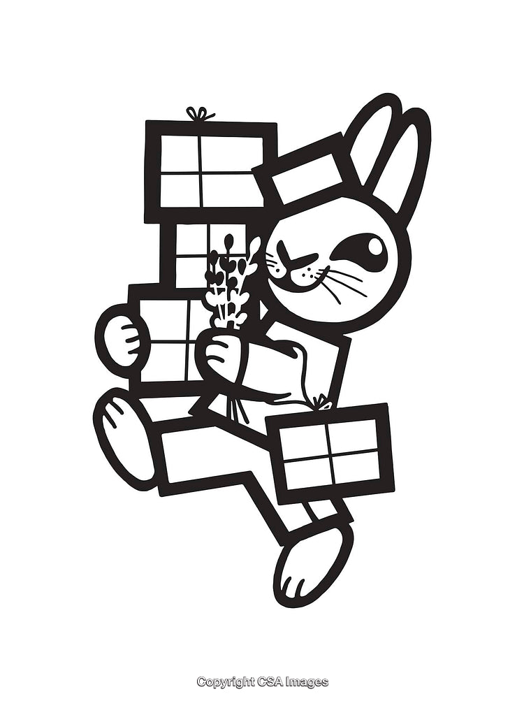 Cute Rabbit Carrying Gifts in Black and White Line Art