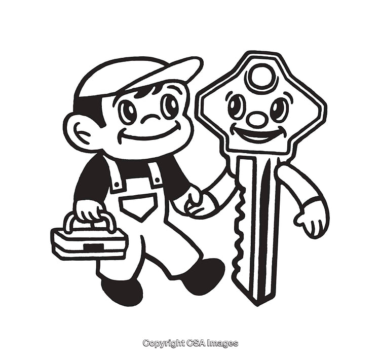 Black and White Line Art of Worker Holding Hands with Smiling Cartoon Key