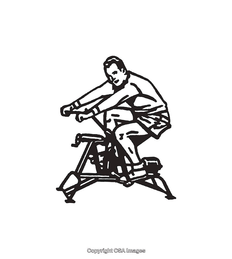 Black and White Line Art of Man Cycling on Stationary Exercise Bike
