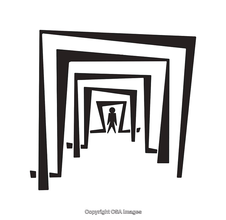 Abstract Black and White Line Art Featuring Human in Geometric Frames