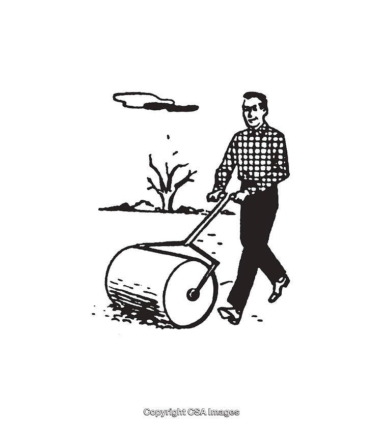 Black and White Illustration of a Man Using a Lawn Roller