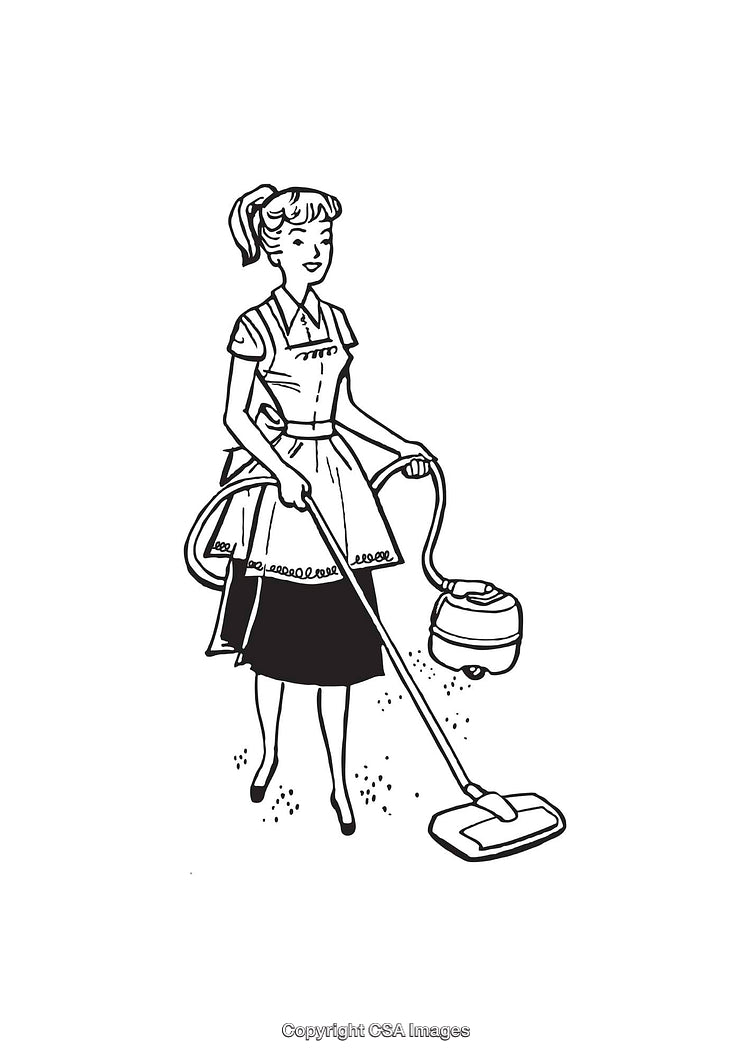 Vintage Line Art Illustration of a Woman Using a Vacuum Cleaner