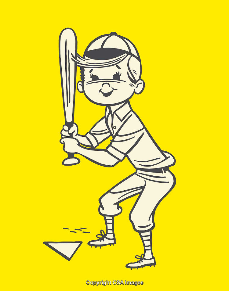 Vintage Illustration of Young Baseball Player Holding Bat in Striking Pose