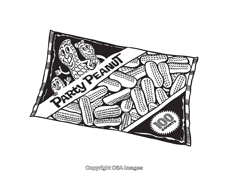 Black and White Illustration of a Peanuts Bag with Cartoon Elements