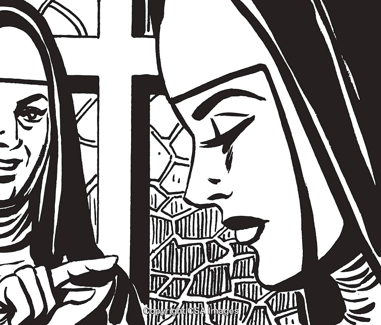 Black and White Illustration of Nuns in a Religious Context