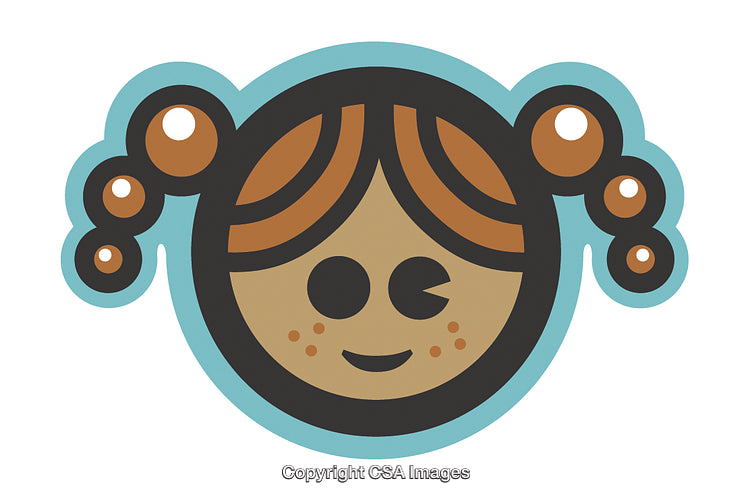 Cute Stylized Girl Icon with Pigtails and Winking Face