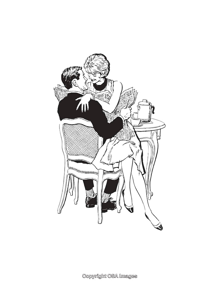 Romantic Couple Enjoying Time Together in a Vintage Line Art Style