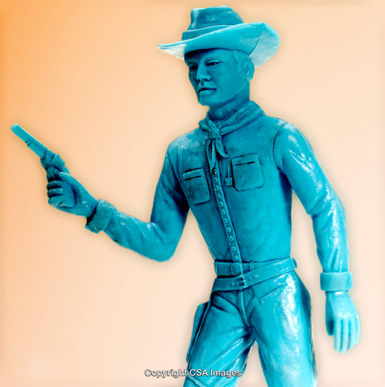 Blue Plastic Cowboy Toy Figure Holding a Gun in Western Style Pose