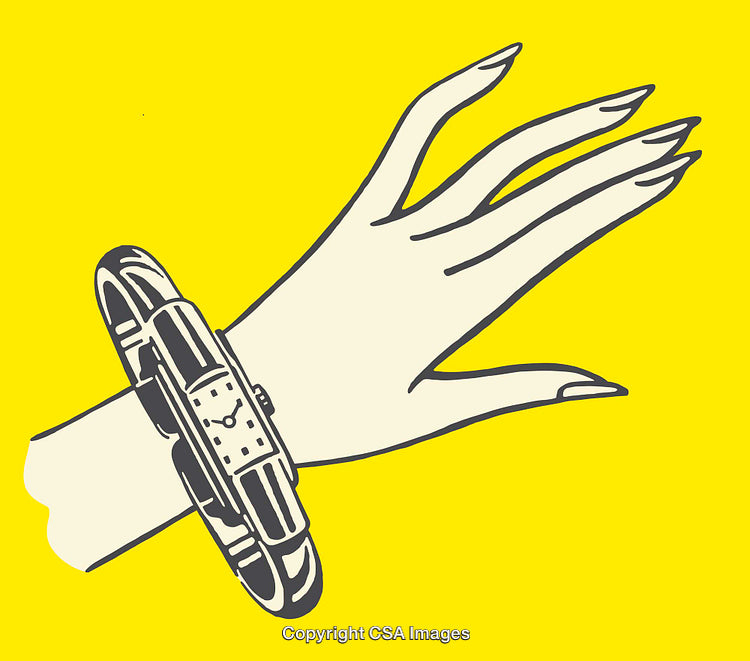 Stylized Illustration of a Wristwatch on a Hand with Yellow Background