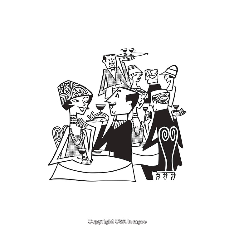 Vintage Line Art Depicting a Social Gathering in Restaurant