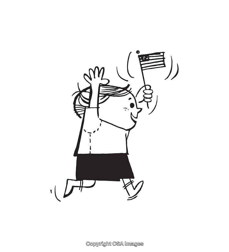 Cheerful Child Waving a Flag Running in Black and White Line Art