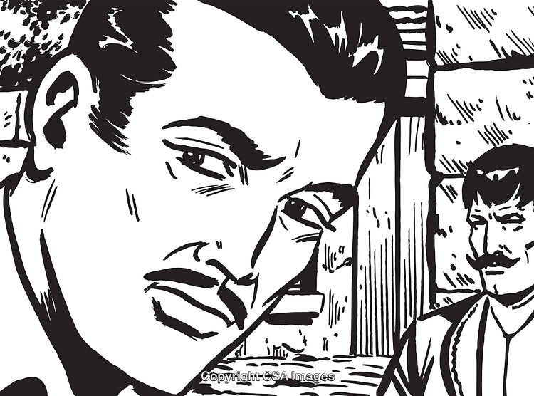 Retro Comic Style Illustration Featuring Two Men in Thoughtful Perspective