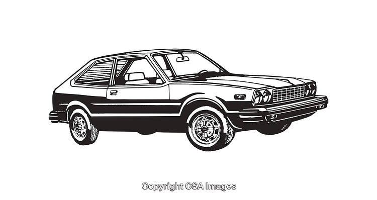 Black and White Line Art Illustration of a Vintage Compact Car