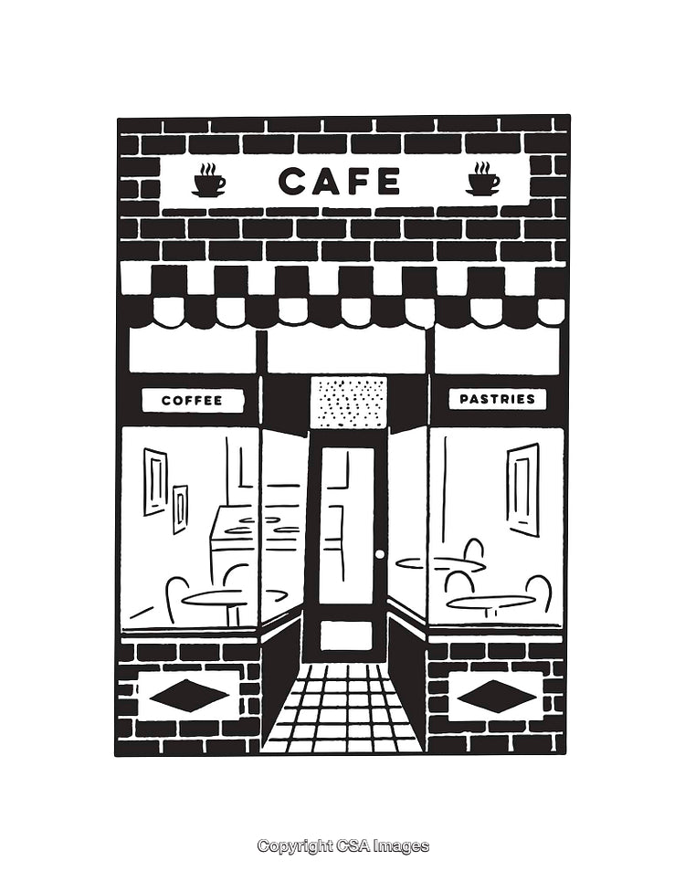 Black And White Illustration of a Cozy Street Cafe Entrance