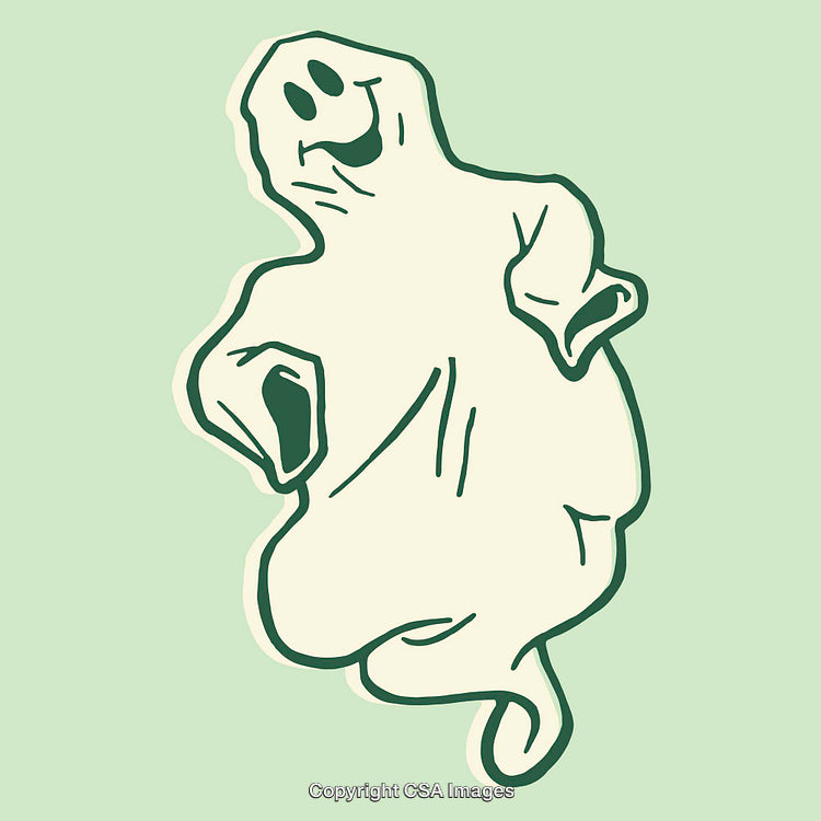 Happy Ghost Illustration in Minimalist Cartoon Style on Green Background