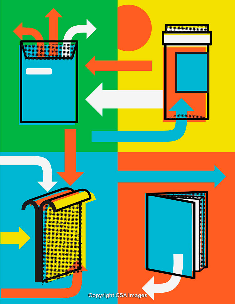 Colorful Line Art Illustrations Featuring Books and Arrows