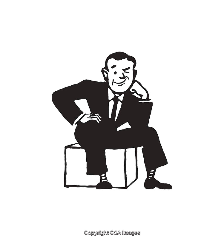 Black and White Illustration of a Seated Businessman in Formal Attire