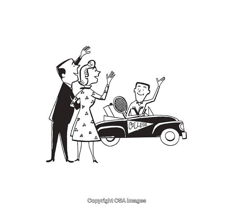 Retro Black and White Illustration of Family Saying Goodbye to Student