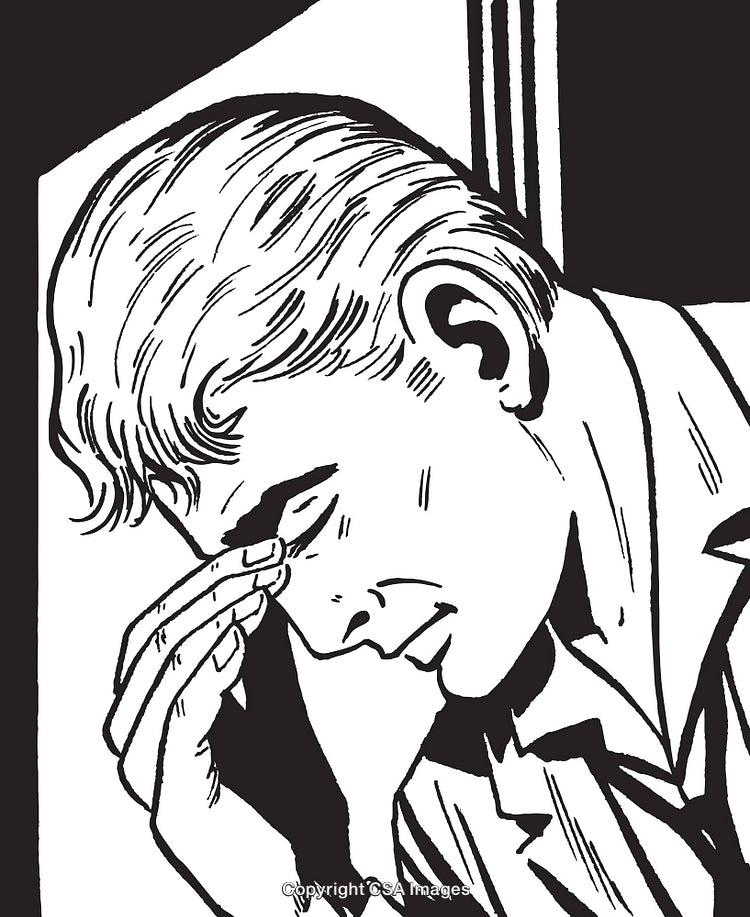 Black And White Illustration of a Pensive Young Man Holding His Forehead