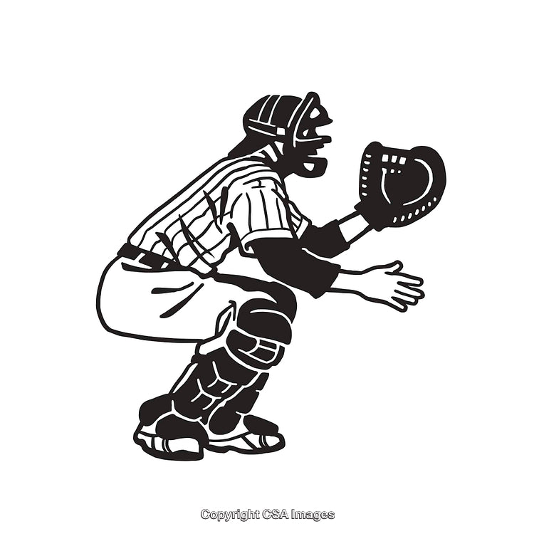Black and White Illustration of a Baseball Catcher in Action