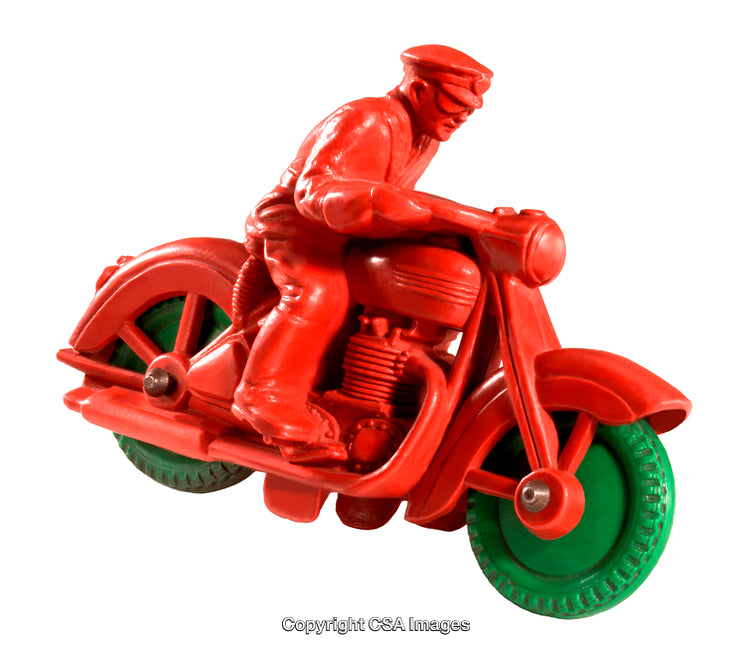 Bright Red Plastic Motorbike with Rider in Vintage Style