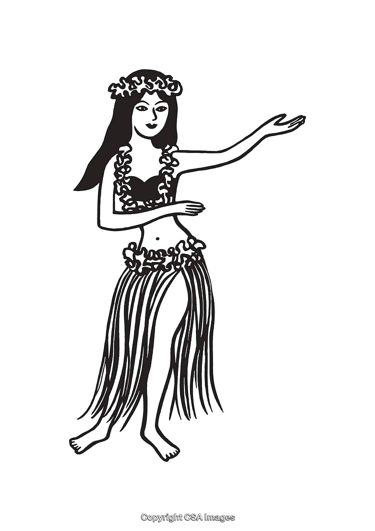 Black and White Line Art of a Traditional Hula Dancer